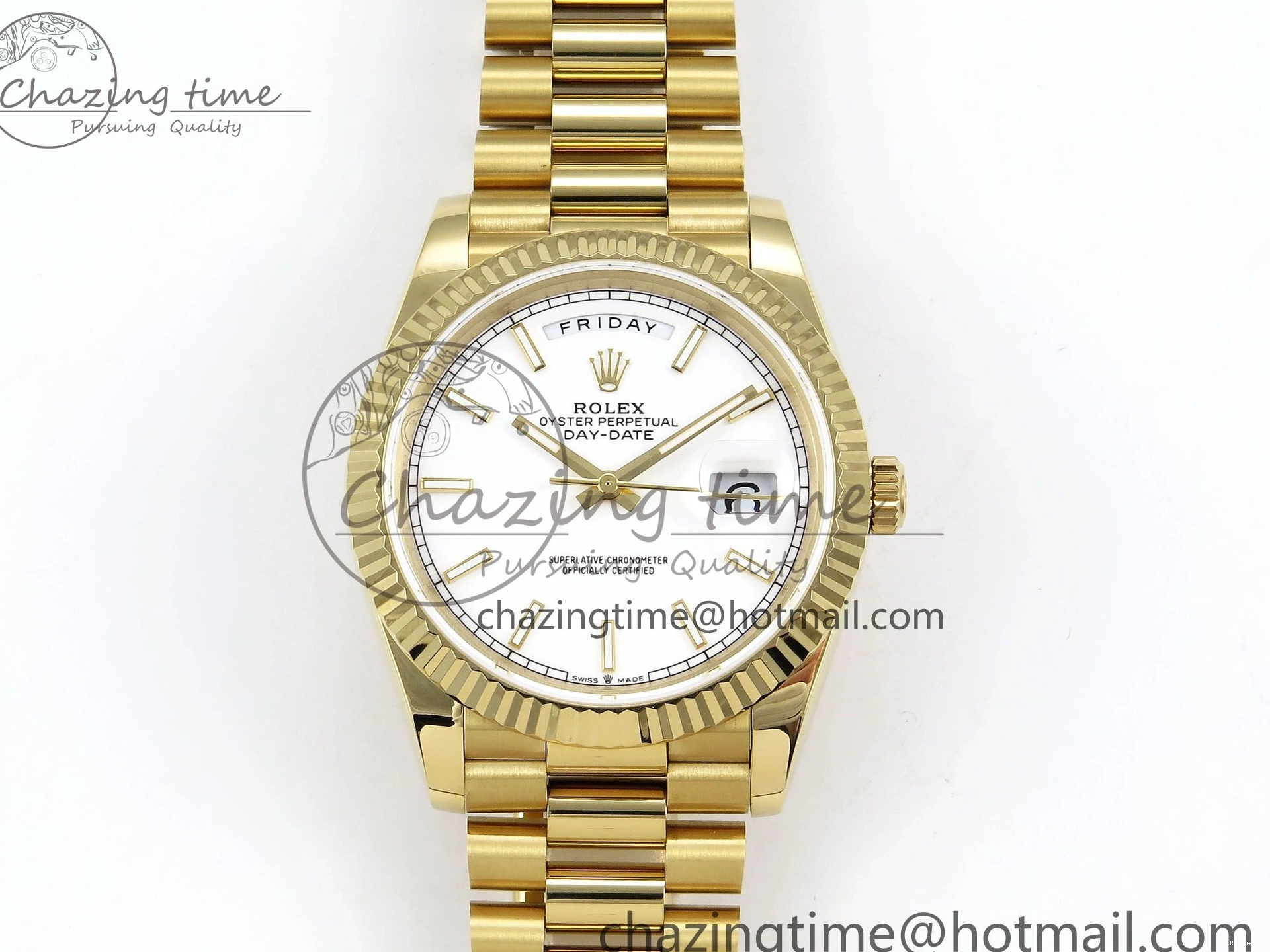 1224 Day Date 40 YG JDF 904L Steel White Stick Dial on President Bracelet VR3255 V3 (Gain Weight) Colorful 1373